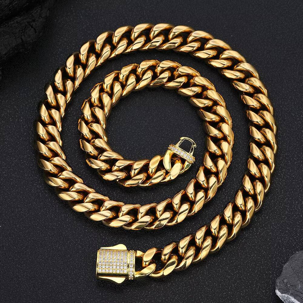 Nuoya 8/10/12mm Hight Quality Cuban Link Chain Stainless Steel Jewelry Iced Out Clasp Silver Gold Plated Curb Chain Necklace