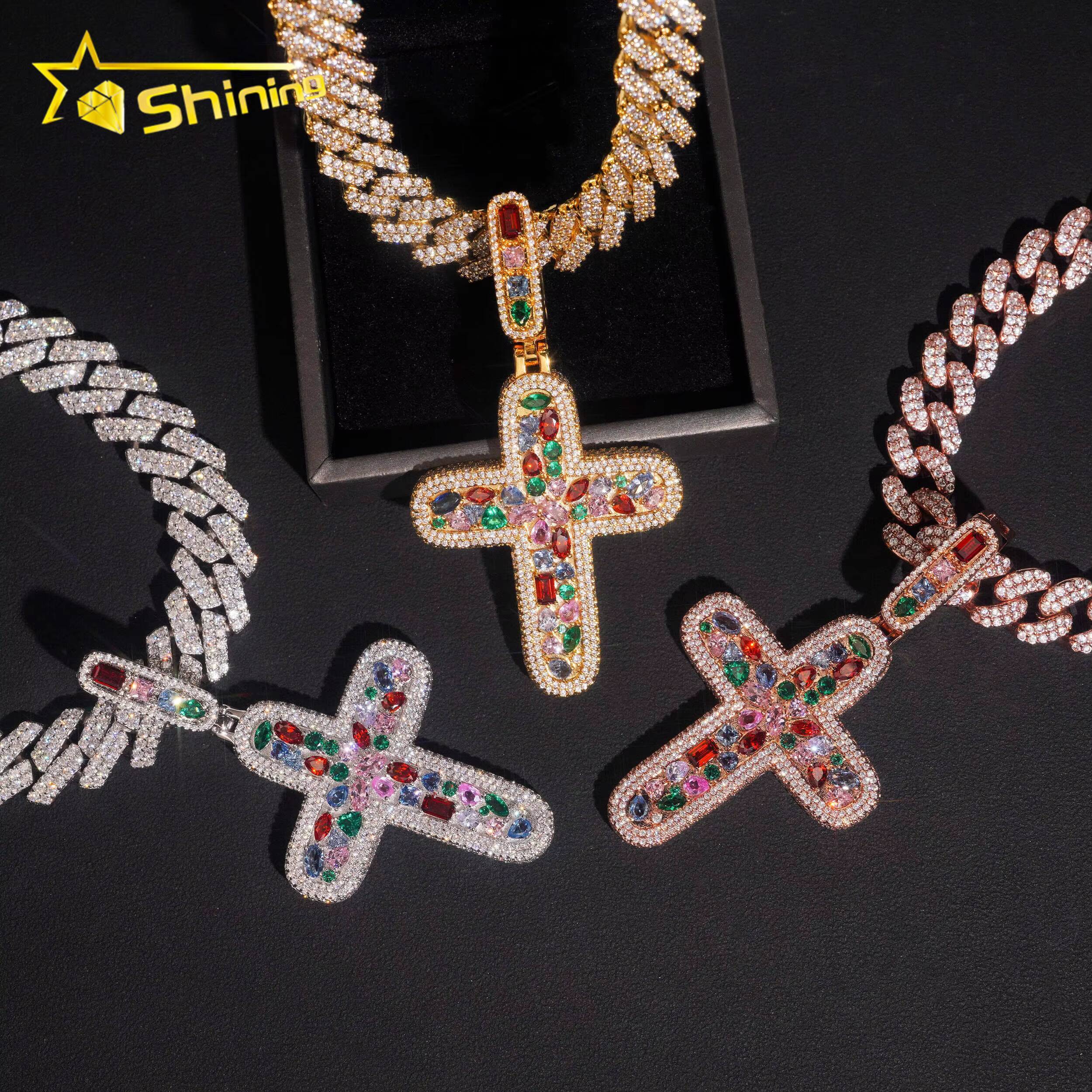 Fashion Body Jewelry Colorful CZ Iced Out Cross Pendant High Quality Men Women Brass Hip Hop Pendant Necklace Daily Wear