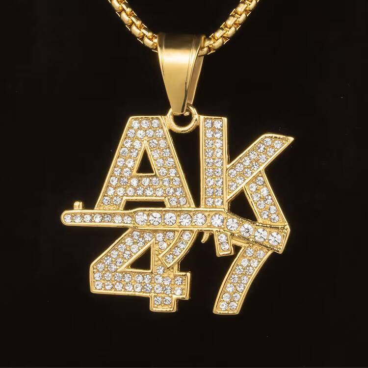 Marlary Hand Made Gold Plated Stainless Steel Full ZIrcon AK47 Bling Pendant Necklace