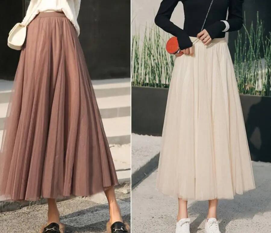 New Women Mesh Elastic Tutu Beach Spring Summer Korean High Waist Fashion Pleated Long Skirt Black White Tulle Skirts dongdumaoyi