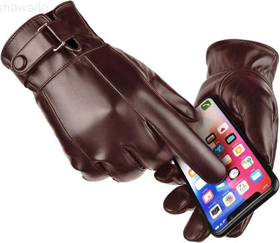 Mens Winter Autumn Black Brown Smooth PU Leather Plus Thick Velvet Touch Screen GlovesW250911