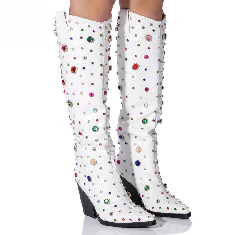 Bestseller Bestseller Bestseller Bestseller Womens dia high heels boots Cowgirl Pointed Toe Knee High Colorful Gem Long Lady Fashion White Boots ddmyb