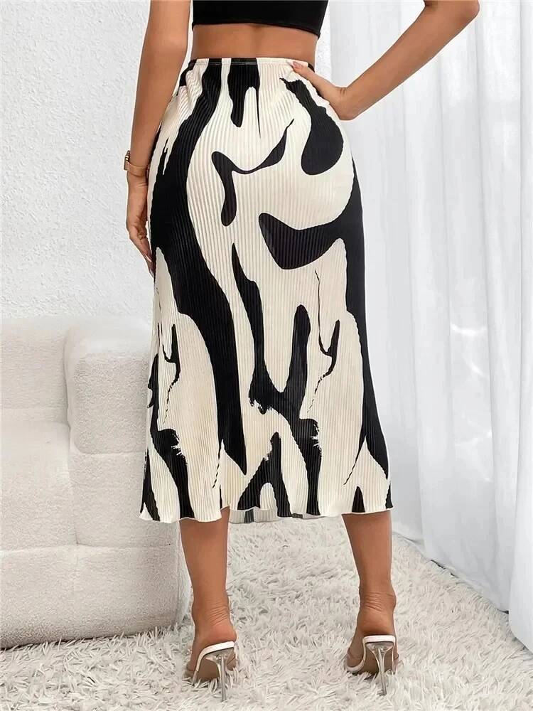 Dressy Casual Graphic Print Pleated Long Skirts Women Autumn Fashion Elastic High Waist Geometry Midi Skirt Streetwear dongdumaoyi
