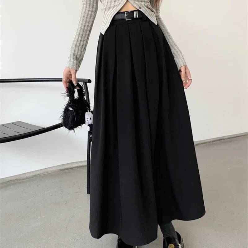 2024 New Korean Solid Color Versatile Mid-length Pleated Large Swing Type Skirt Female Long Skirts for Women dongdumaoyi