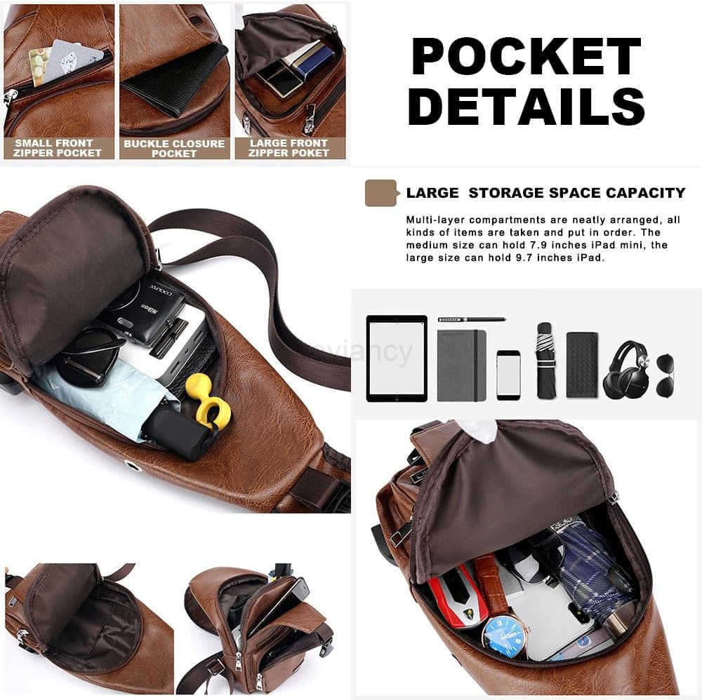 Leather Sling Bag Mens Crossbody Bag Chest Bag Sling Backpack for Men with USB Charge PortW250911