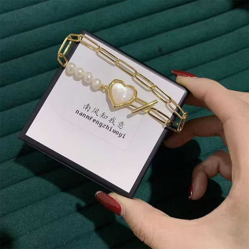 yeyipearl Heart OT Clasp Pearl Bracelet, Gold Plated with Mother of Pearl Charm, Dainty Adjustable Stainless Steel Jewelry for Women, Romantic Daily W
