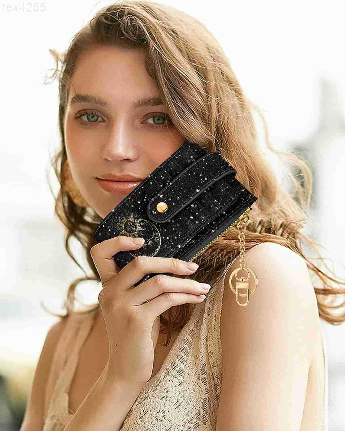 Cute Card Wallet Women Small Wallets with Keychain Sun Moon RFID Credit Cardholder Aesthetic Fashion Design Coin Purse for Female Ladies Teen GirlsW25