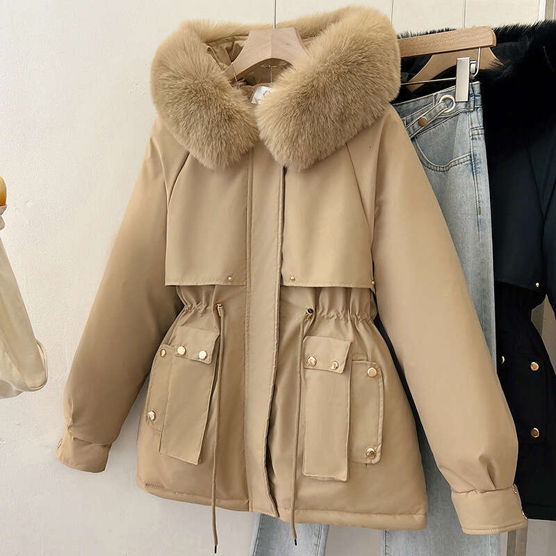 Padded Thickened Parka for Women Winter New Korean Style Coat with Large Fur Collar Short Hooded Cotton Jacket