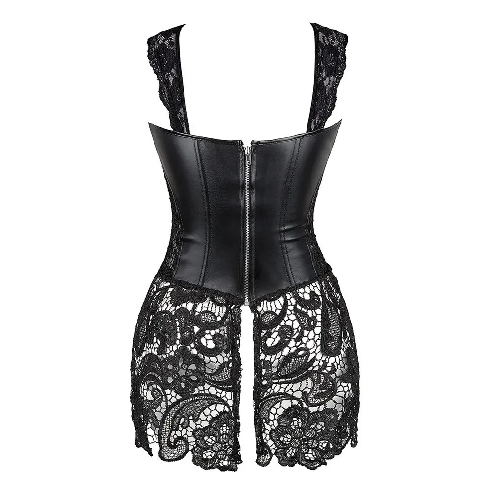 Steampunk Corset Dress Women Gothic Sexy Faux Leather Zipper Bustier Lace Skirt Black Red Corselet Clubwear 250911