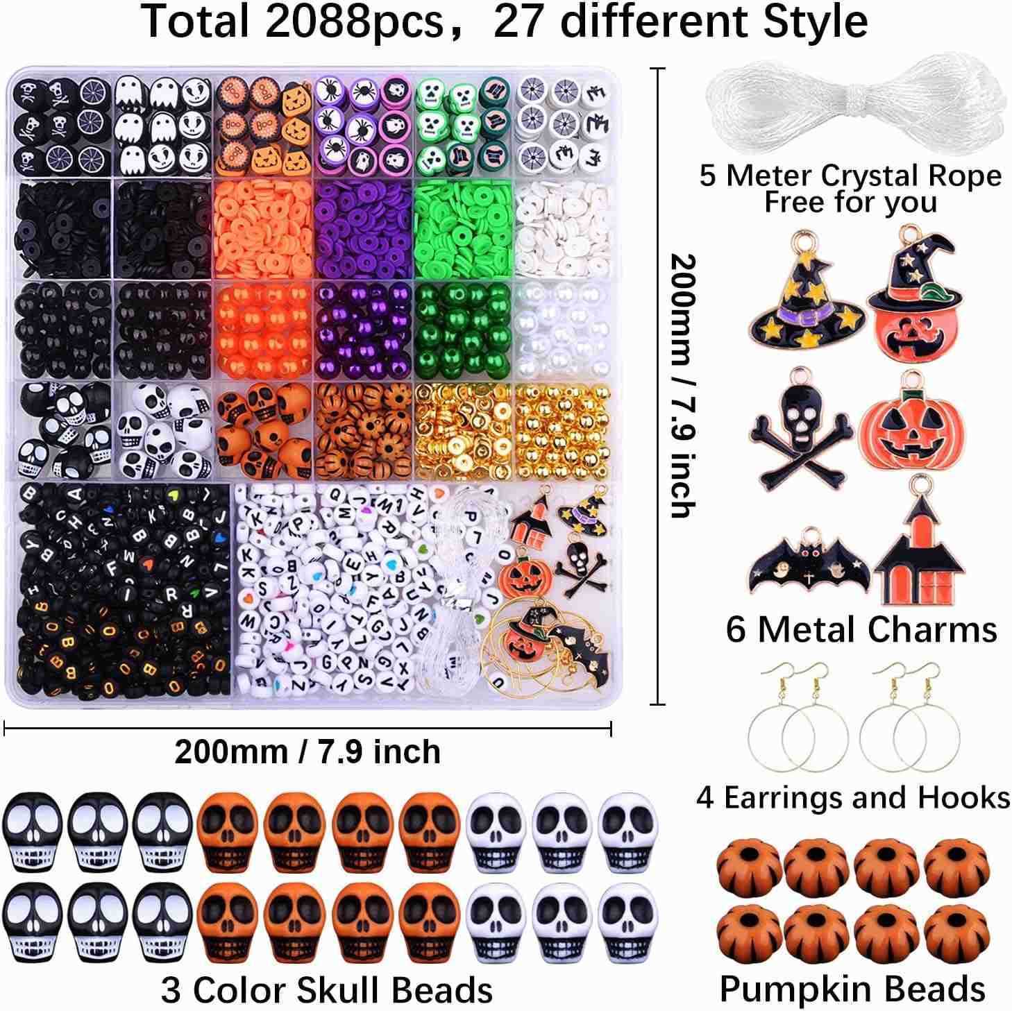 2088pcs Halloween Polymer Clay Beads Making kit 24 Style Cute Fun Beads Skull Pumpkin Beads Charms for Jewelry Necklace Earring Making DIY Accessories