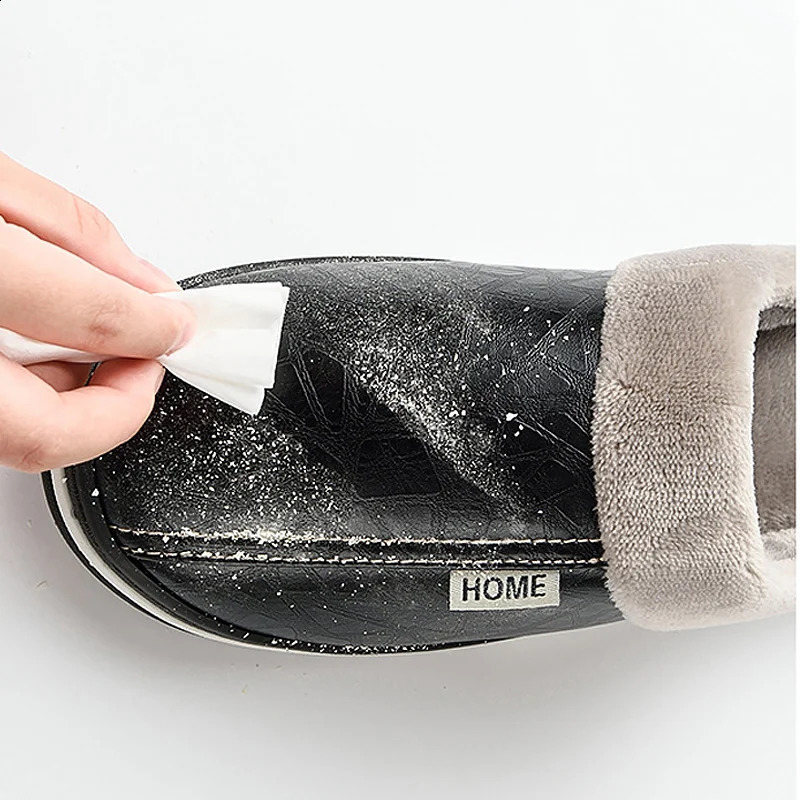 Mens Home Winter Indoor Slippers Warm Shoes Thick Bottom Plush Waterproof Leather House Man Slippers Cotton Flat Couple Shoes250906