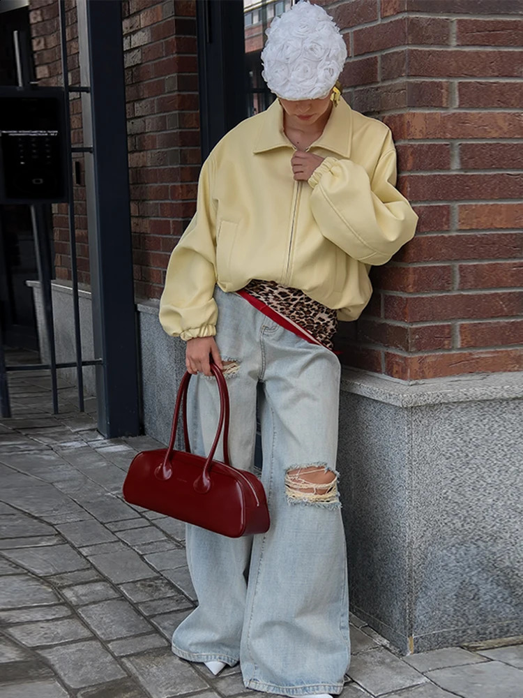 Retro PU Leather Zipper Jacket Women Fashion Lapel Loose Light Yellow Jackets Lady Versatile Casual Chic Street Outwear 250911