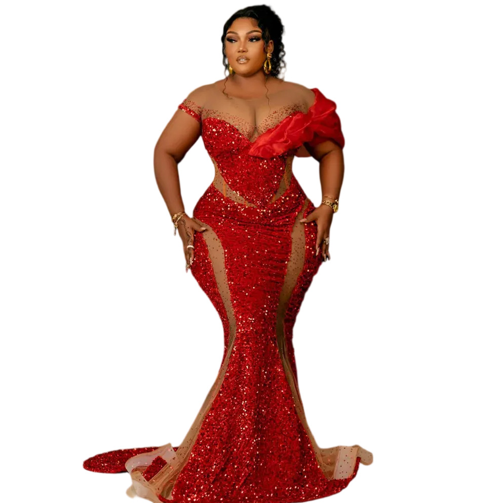 2025 Aso Ebi Prom Dresses Plus Size Red Mermaid Sparkling Sequins Lace Short Sleeves Evening Dresses Birthday Party Dress Engagement Gowns Vestido De 