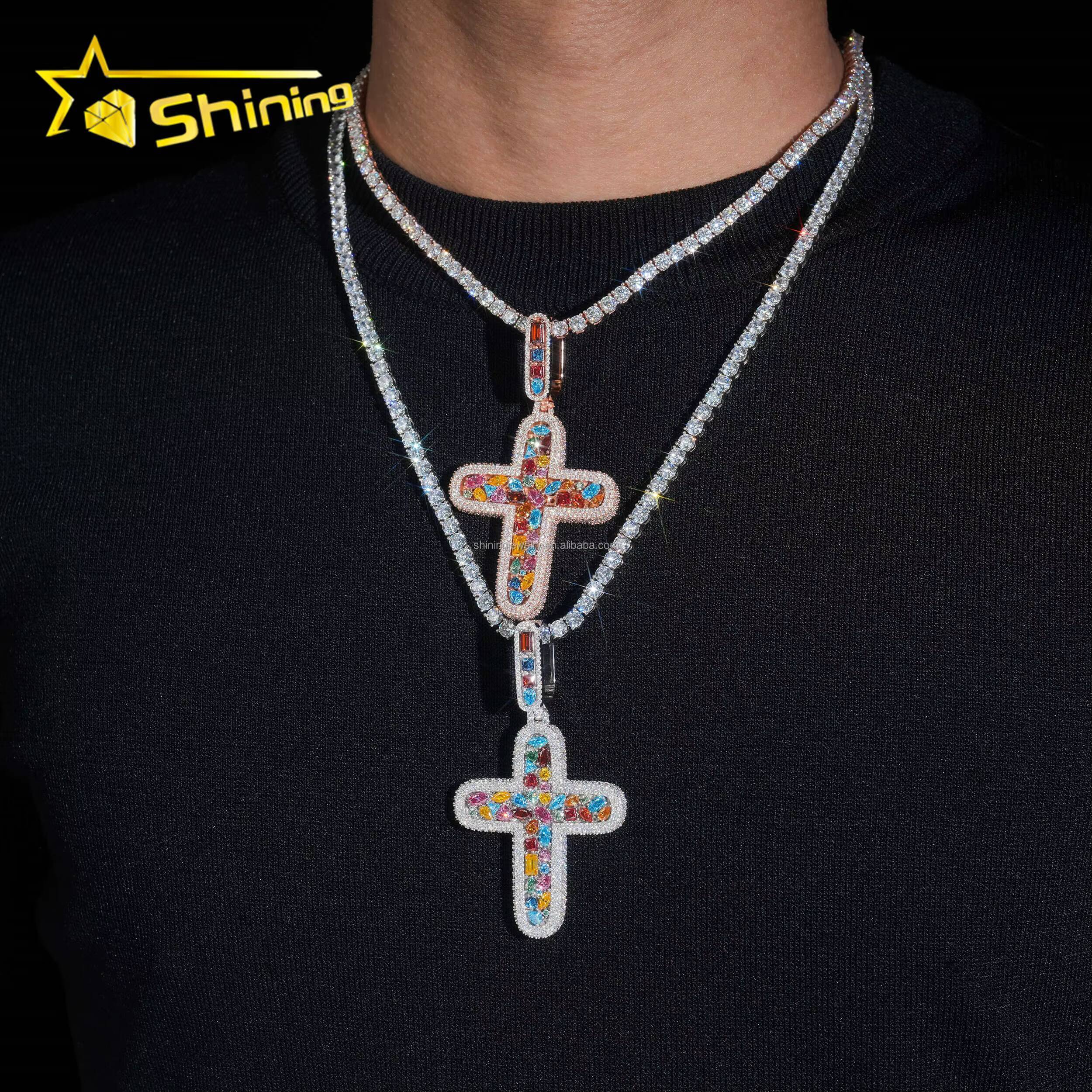 Personalized High Quality Hip Hop Rapper Jewelry Rainbow Color Moissanite Diamond S925 Solid Silver Iced Out Man Cross Pendant