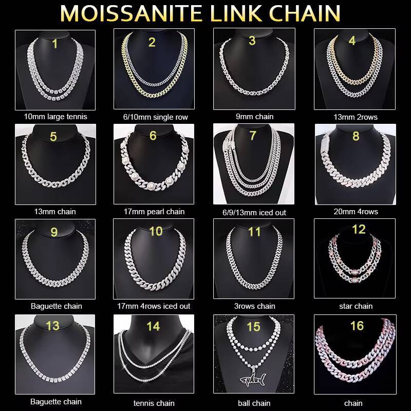 Hiphop Jewelry 3mm Black Tennis Bracelet Necklace With VVS Moissanite Pure Silver 925 Tennis Chain