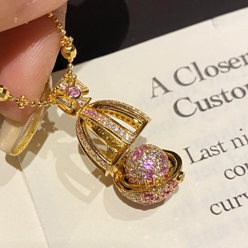 Luxury Brand Designer Jewelry French Style Light Luxury Retro Peach Pink Small Egg Necklace Flip Cover Full Diamond Exquisite Versatile High-Value Col