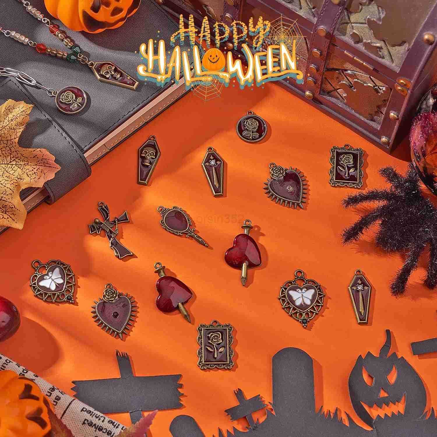 18Pcs Halloween Charm Pendant Earring Making Kit Skull Heart Cross Jewelry DIY Necklace Earring AccessoriesW250911