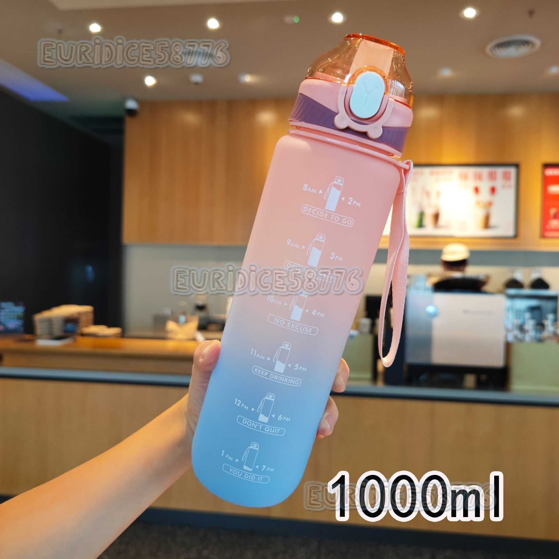 Sports Fitness Gradient Color Straw Plastic Water Cup Portable Rope Lid Lock Buckle Car Outdoor Water Bottle H250911
