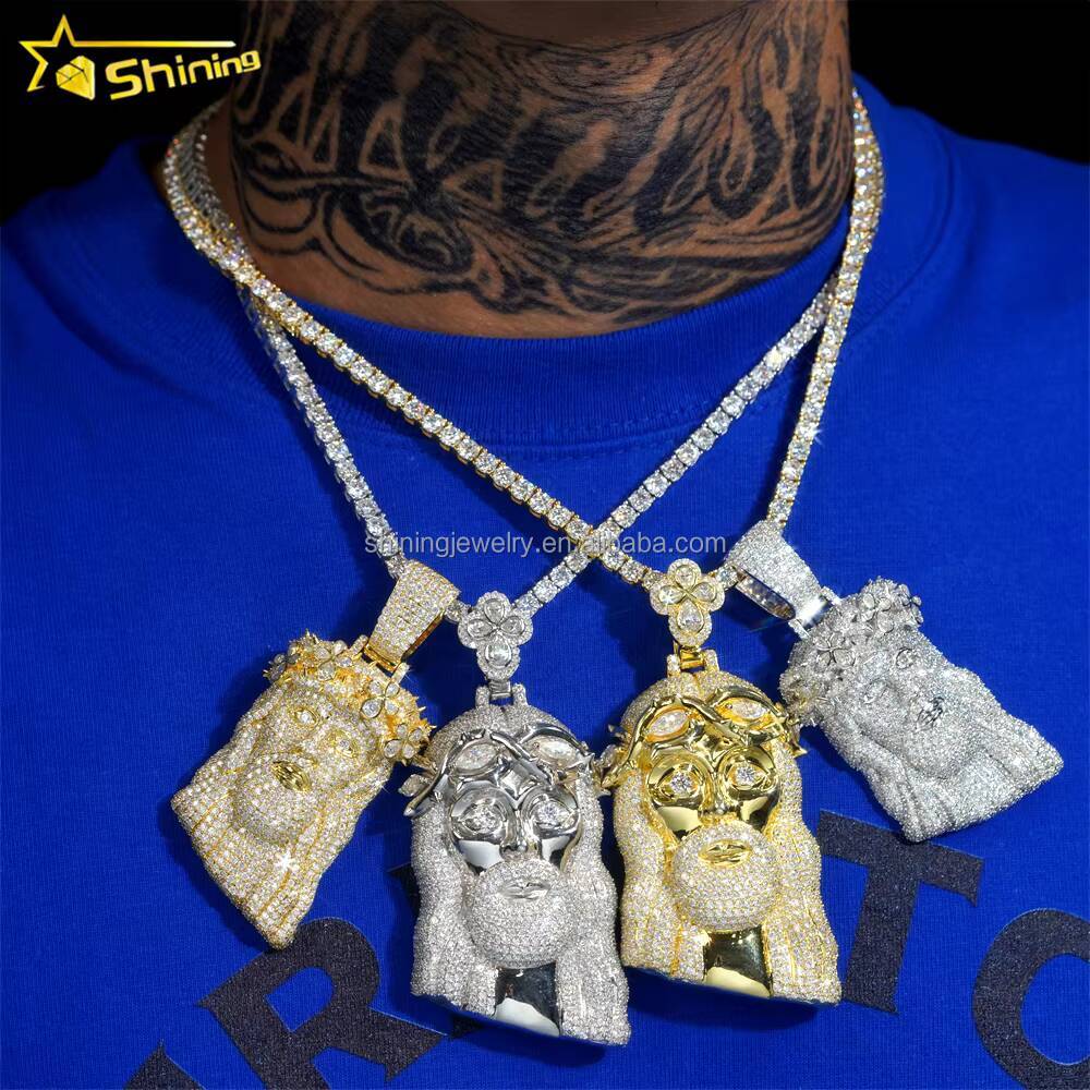 Custom Luxury Jesus Pendant 925 Sterling Silver 14K Gold Plated Fancy Cutting Moissanite Jesus Head Pendant