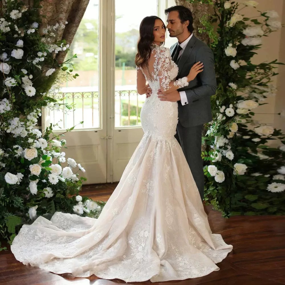 Vintage Mermaid Wedding Dress 2026 High Neck 3D Flowers Lace Appliques Long Illsuion Sleeves Sequins Beads Bridal Gowns Vestidos De Novia