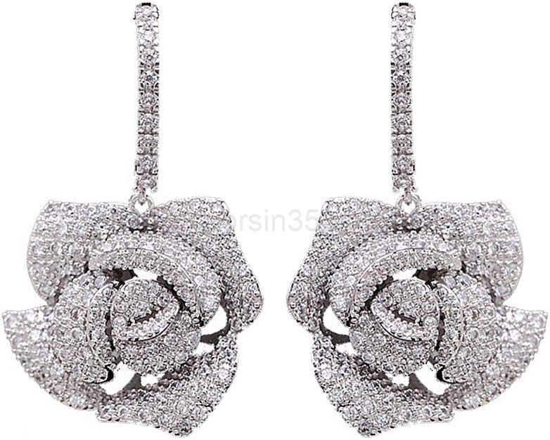 Flower Dangle Stud Earrings for Women Girls with Charms Fashion Luxury Pave Rhinestone Filigree Camellia Rose Dainty Crystal Drop Dangling Wedding Pro