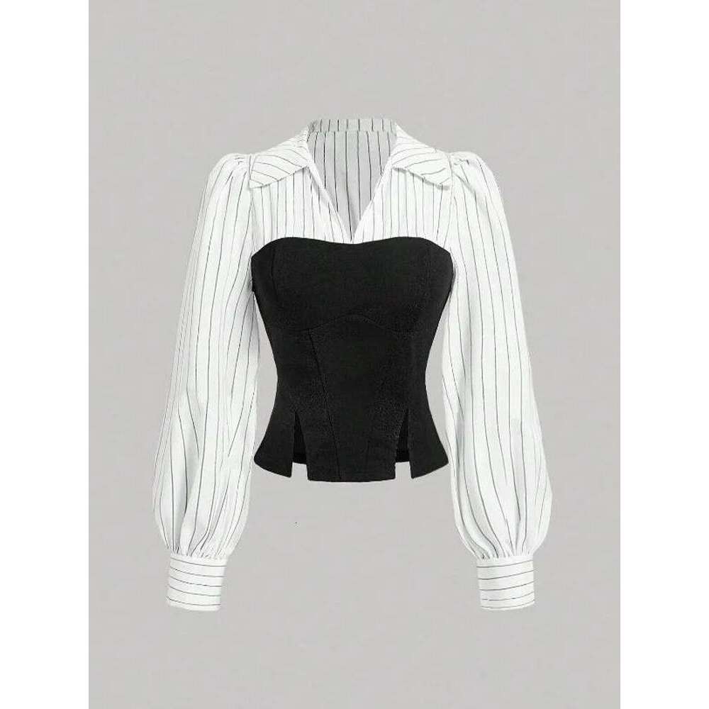 Women's Striped Spliced Lapel Shirt Elegant Fashion Style Business Casual Office Wear