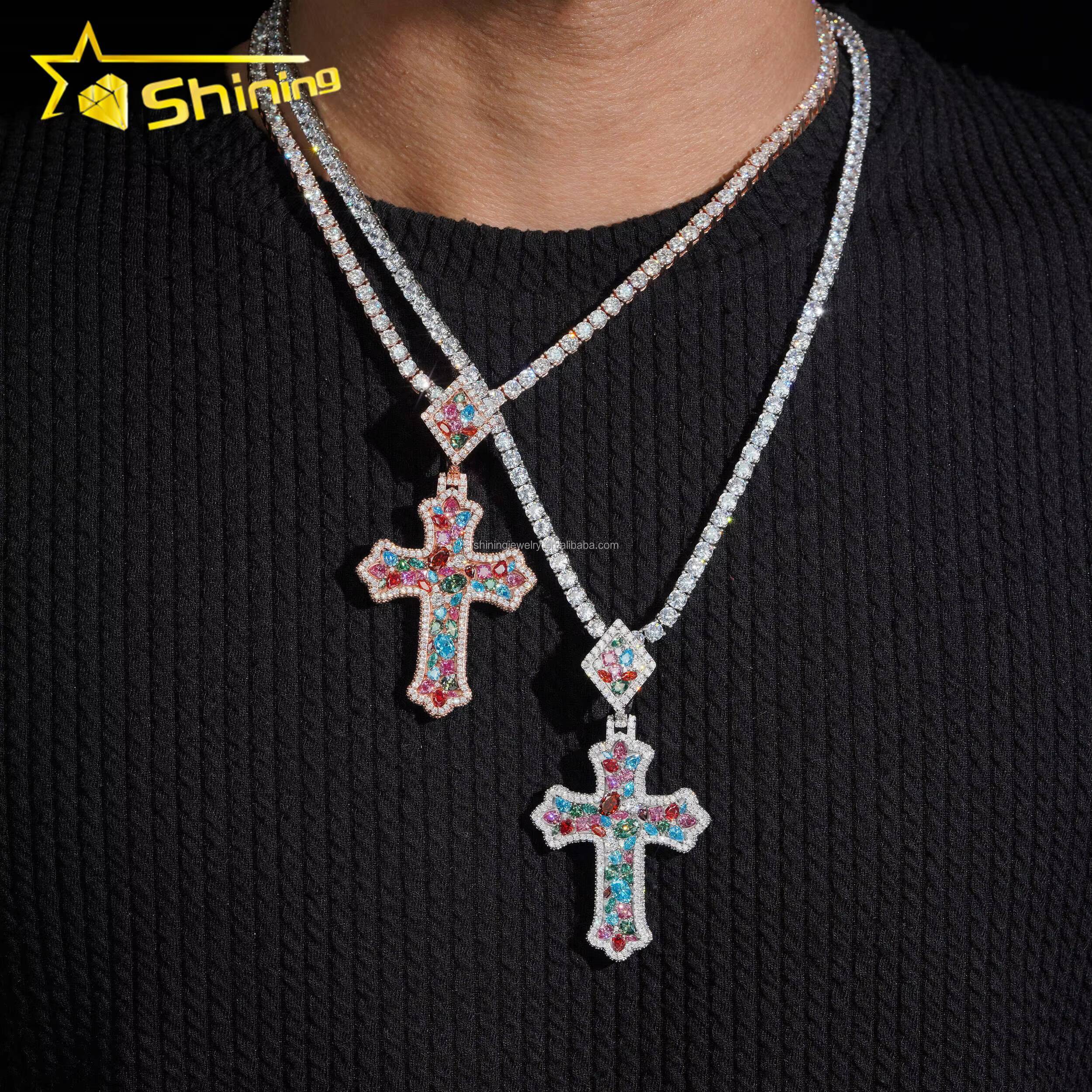 Pass Diamond Tester 100 Hip Hop Stylish Rapper Jewelry Colorful Pear Moissanite Diamond S925 Silver Iced Out Man Cross Pendant
