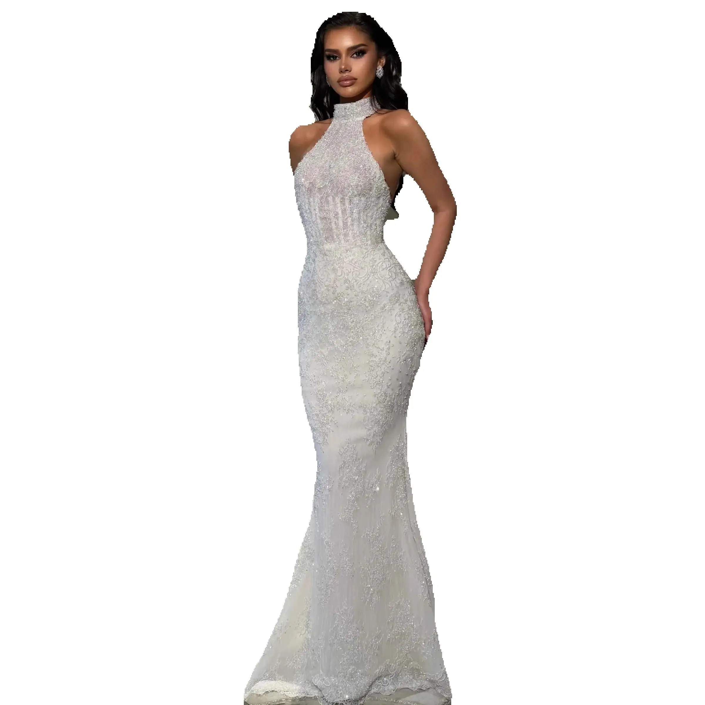 Shine Evening Dress High-Neck Mermaid Prom Gowns Shine Beads Lace Applique Prom Dress Sequined Robes De Mariee Size Customized vestido de novia L25209