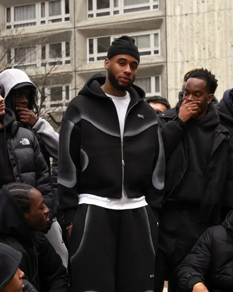 High Street Trend Streetwear Tracksuit Men Retro Harajuku Y2K Graphic Zipper Hoodie Black Casual Knitted Pants Jogger 250911