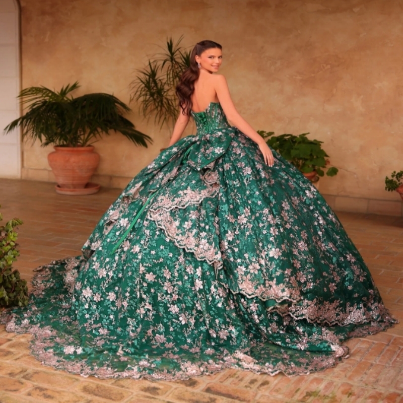 Green Shiny Quinceanera Dresses Ball Gown Off The Shoulder Applique Beads Tull Bow Party Birthday Sweet 16 Dress Vestidos 15 De Anos