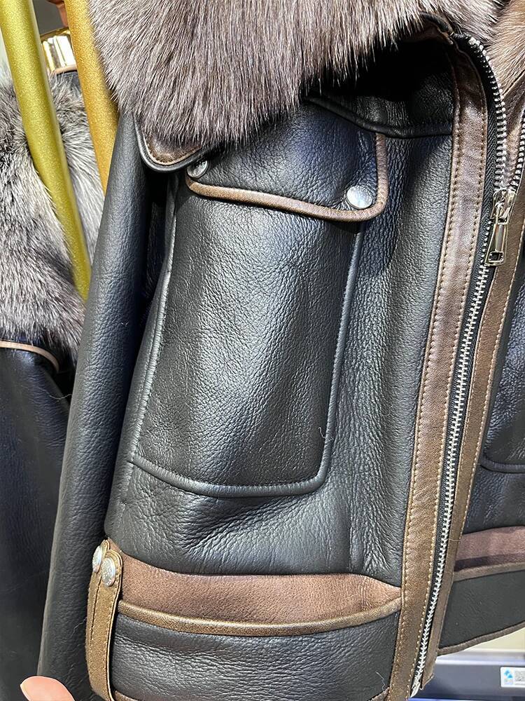 2024 Winter Warm Women Real Fox Collar Natural Merino Sheep Fur Coat Genuine Leather Jacket Thick Female Coats