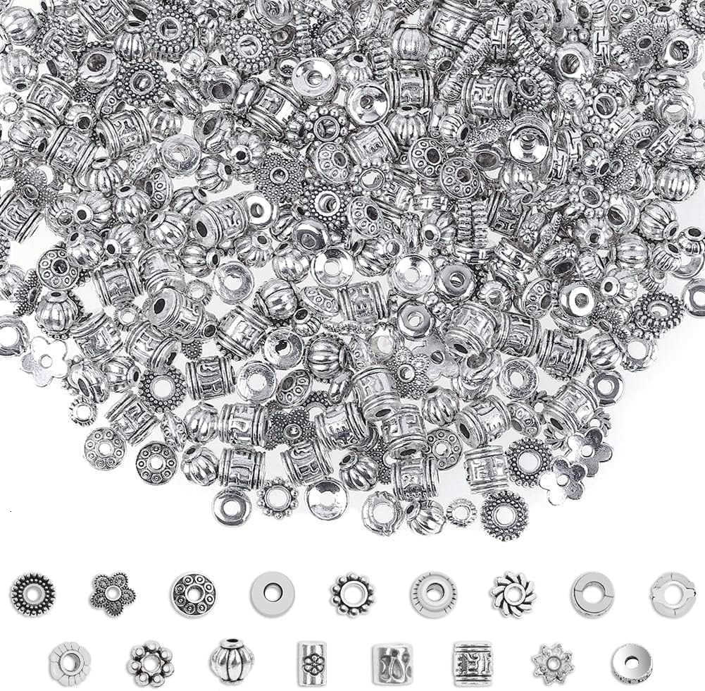 500 Pcs Spacer Beads Silver Bulk Random Styles Loose Spacer Metal Charm for Necklace Earring Making DIY Jewelry AccessoriesW250911