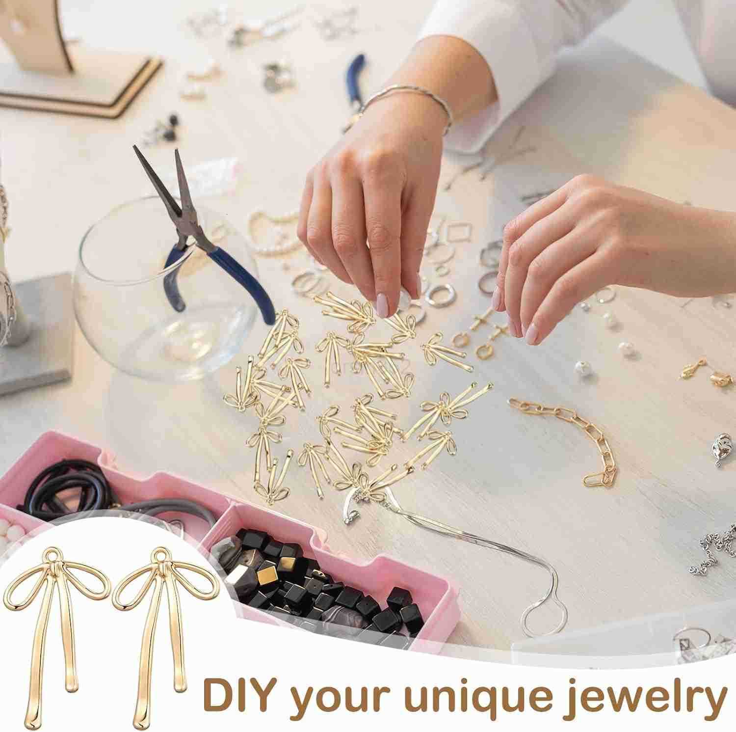 48 Pcs 18k Gold Plated Bowknot Charms Metal Bow Tie DIY Earrings Necklaces Pendant Rhinestone Bowknot Charms for Jewelry Making DIY Crafts Supplies fo