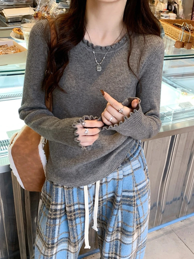 Fashion Solid Ladies Casual Soft Pullovers Autumn Winter Women Sweater Knitted Ruffles Oneck Long Sleeve Slim Jumper 250911