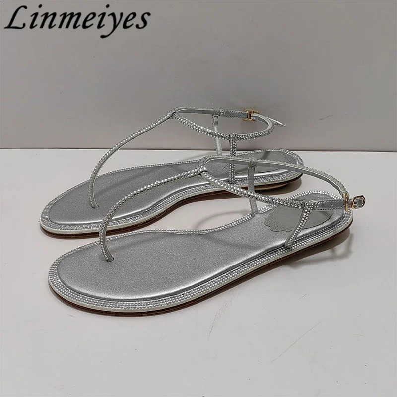 Summer Sandals Women Flip Flops Rhinestone Party Shoes Female Peep Toe Narrow Band Crystal Flat Woman Sandalias Mujer 250911