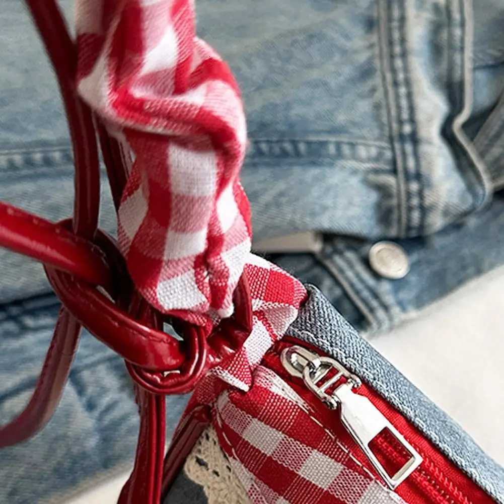 Allmatch Sweet French Stick Handbag Denim Blue Bow Plaid Shoulder Bag Large Capacity Lace Ribbon Cloth Underarm Bags Daily Z250911