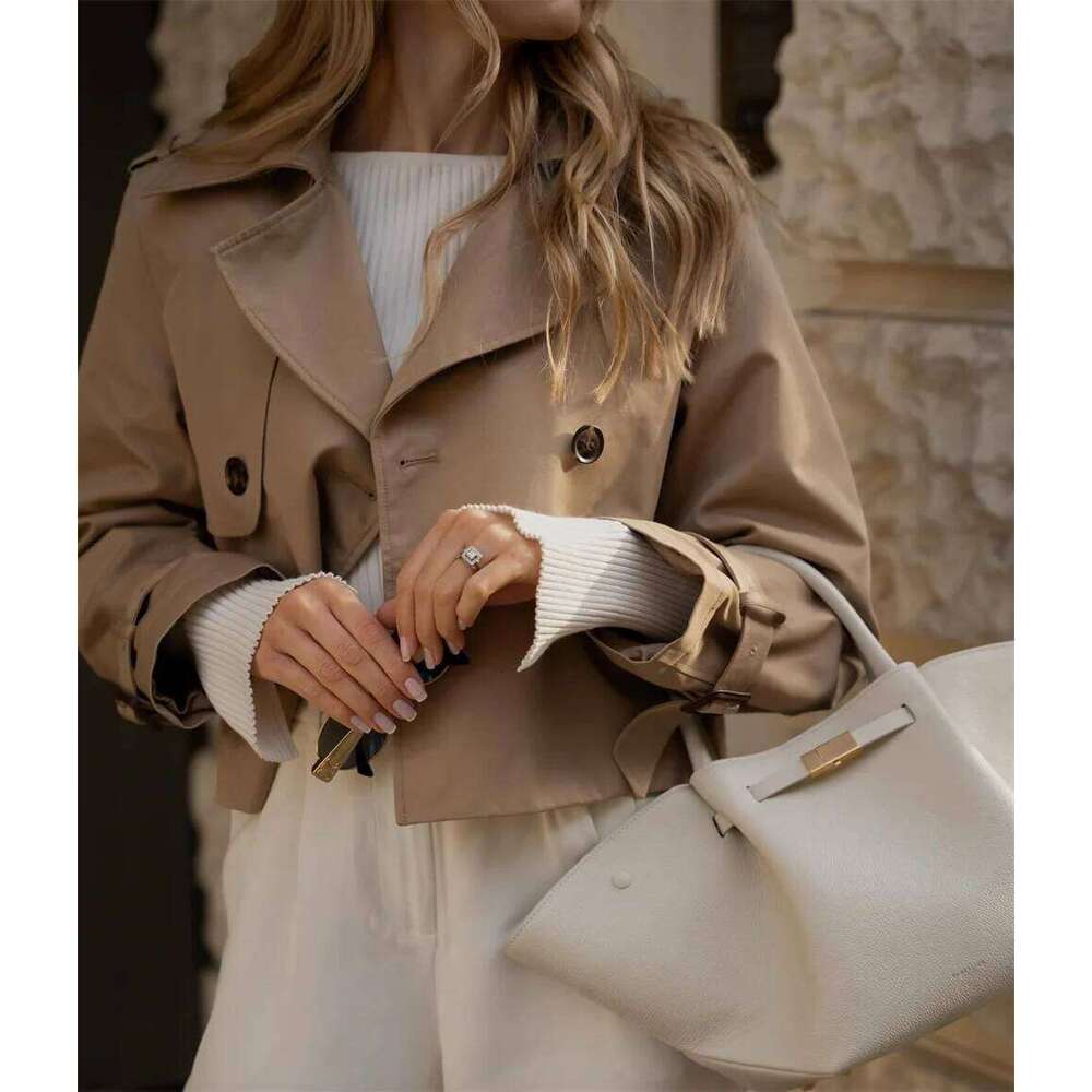 Ladies Vintage Cropped Trench Spring Autumn Jacket Women Streetwear Double Breasted Long Sleeve Top Female Chic Coat Outfits