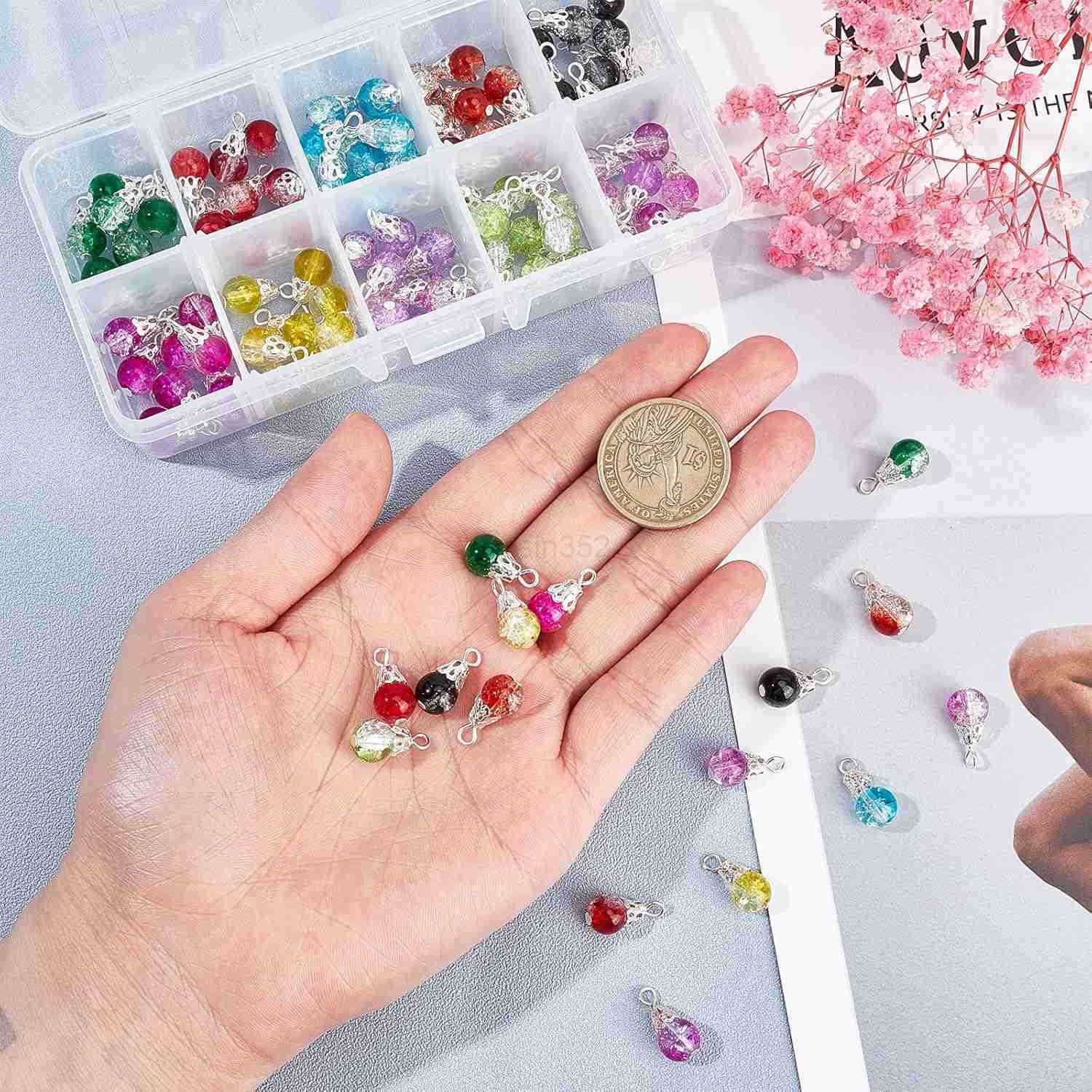 100pcs Crystal Dangle Charms Crackle Glass Drop Beads Charms 10 Color Dangle Bead with Silver Bead Cap Drops Beads Charms Pendants for Jewelry Making 