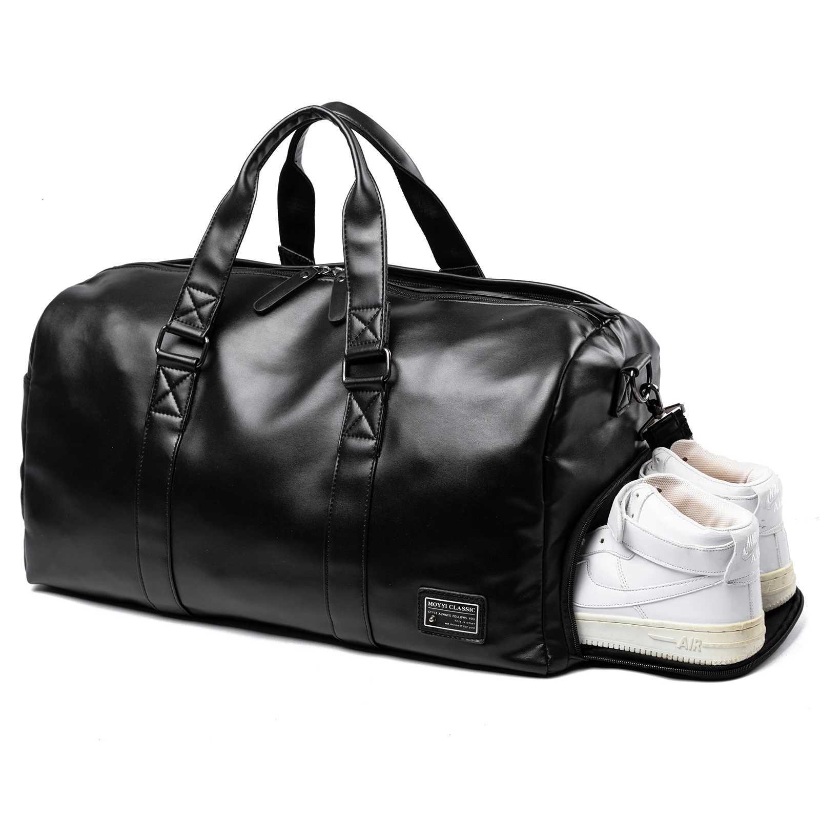 Leather Travel Duffel Bag for Men Vintage Waterproof Bag with Shoe Pouch Overnight Gym Sports CarryOn Leather Bag W250911