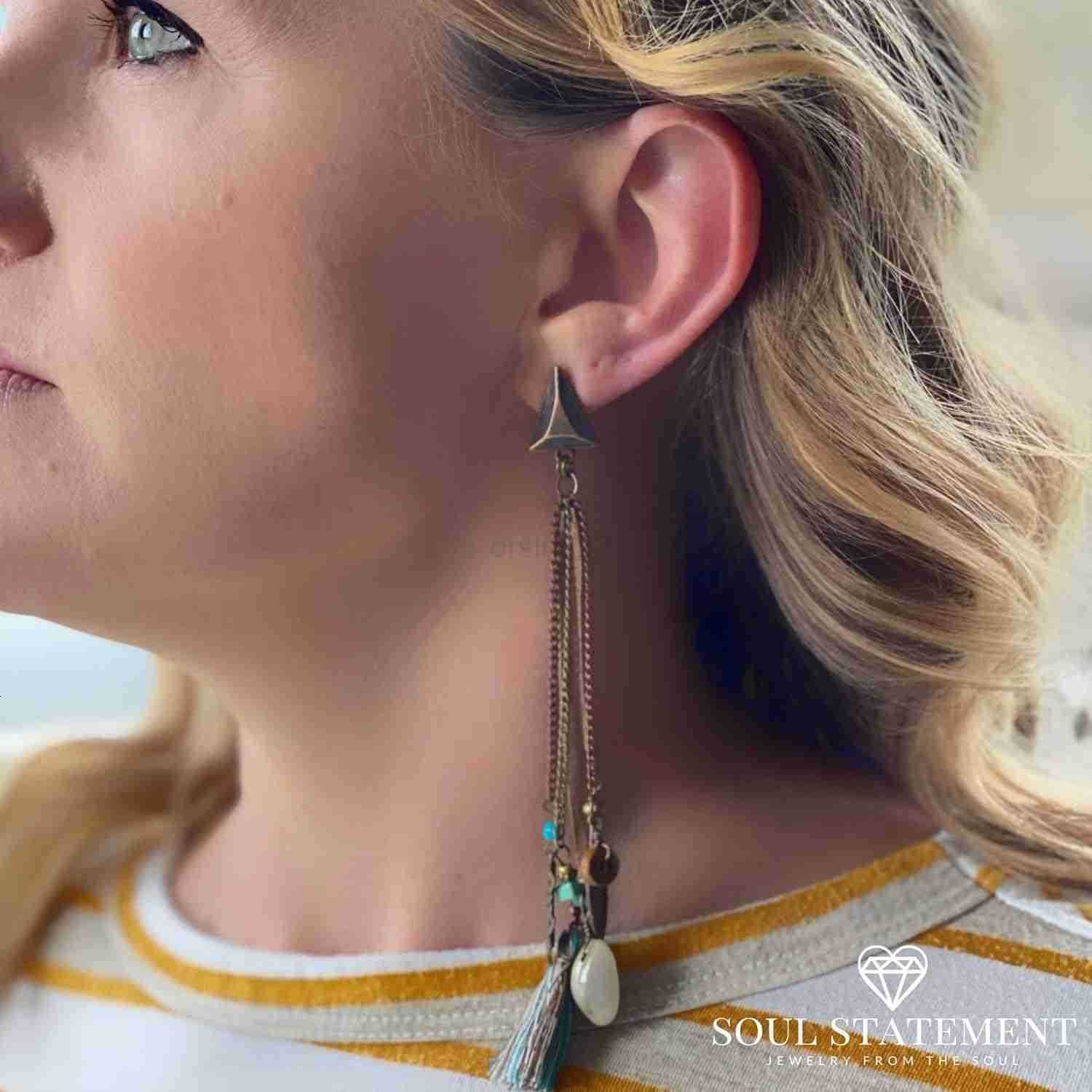 Country Western Jewelry for Women Dangle Boho Turquoise Bronze Patina Earrings with Long Copper Tassel Chains Dangle Earring Set Cowboy Chic Style Geo