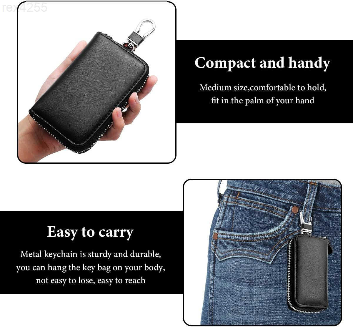Leather Car Key Holder Bag Unisex Key Fob Case with 6 Hooks Zipper Closure Keychian Case Wallet for Smart Keys BlackW250911