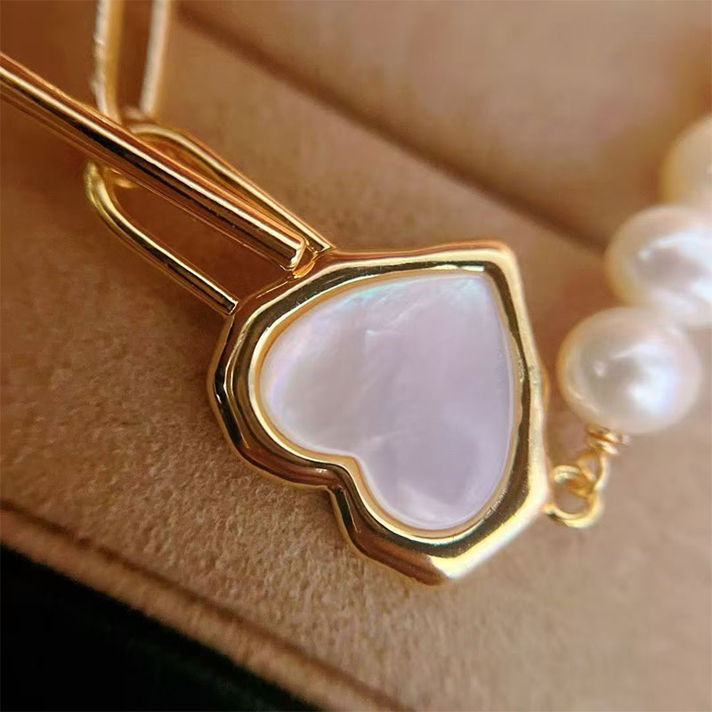 yeyipearl Heart OT Clasp Pearl Bracelet, Gold Plated with Mother of Pearl Charm, Dainty Adjustable Stainless Steel Jewelry for Women, Romantic Daily W