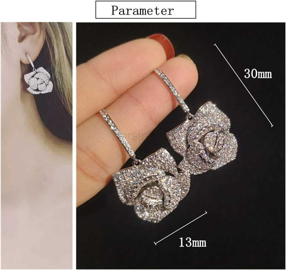 Flower Dangle Stud Earrings for Women Girls with Charms Fashion Luxury Pave Rhinestone Filigree Camellia Rose Dainty Crystal Drop Dangling Wedding Pro