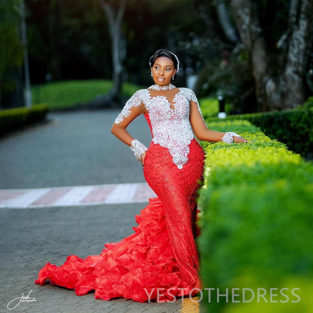 2025 Plus Size Red Prom Dresses For Black Women Mermaid Evening Dresses Formal Gowns High Neck Long Sleeves Beaded Lace Birthday Dress Second Receptio
