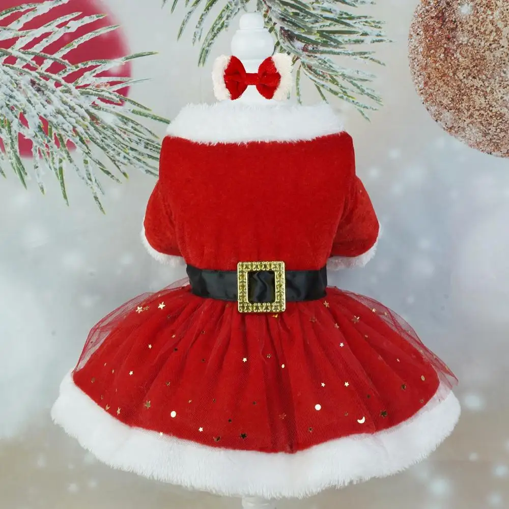 Christmas Dog Dress with Velvet & Tulle Skirt, Matching Bow Hair Tie, Cotton Material, Warm & Comfortable, 4 Sizes for Dogs 1.5-8kg, Ideal for Christm