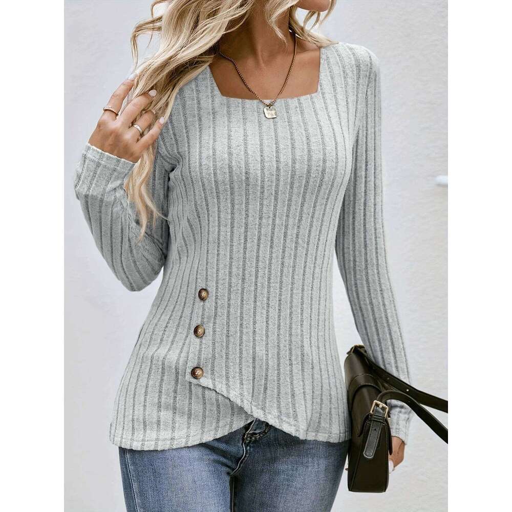 Square Neck Solid Ribbed Button Decort-Shirt, Casual Long Sleeve Top For Spring & Fall, Women's Clothing