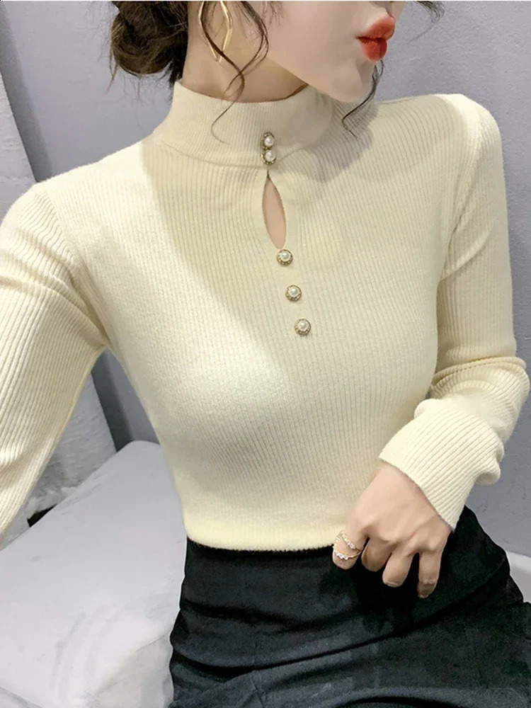 2026 Autumn Winter Pullovers Hollowout Sweaters Long Sleeve Women Half High Collar Sweater Female Slim Korean Knitwears Tops 250911