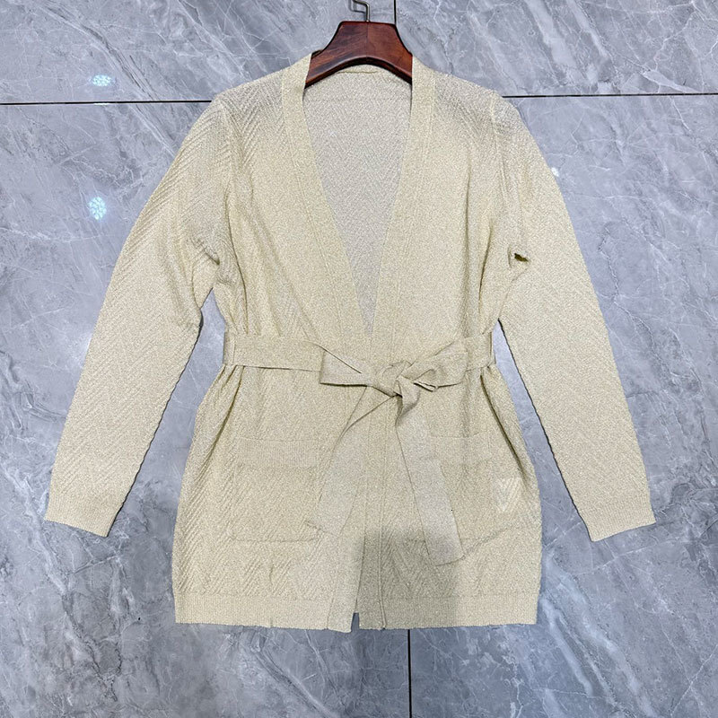 Y2K Designer Luxury Women's Herringbone Pattern Belted Knit Cardigan Solid Color Waist Defining Lurex Sweater Coat Classic Long Sleeve New Autumn