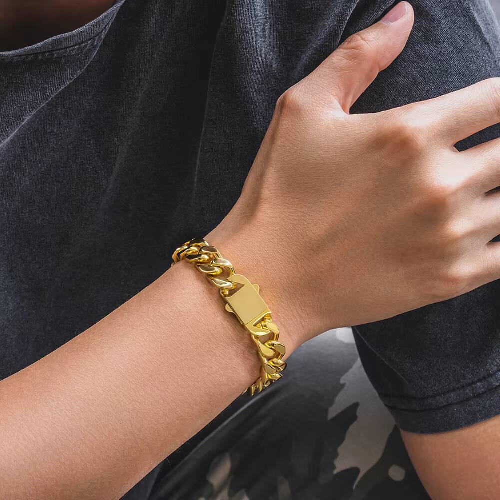 KRKC Wholesale Hip Hop Jewelry 12mm 14mm 18K Gold Plated Stainless Steel Miami Cuban Link Bracelet Mens Chains