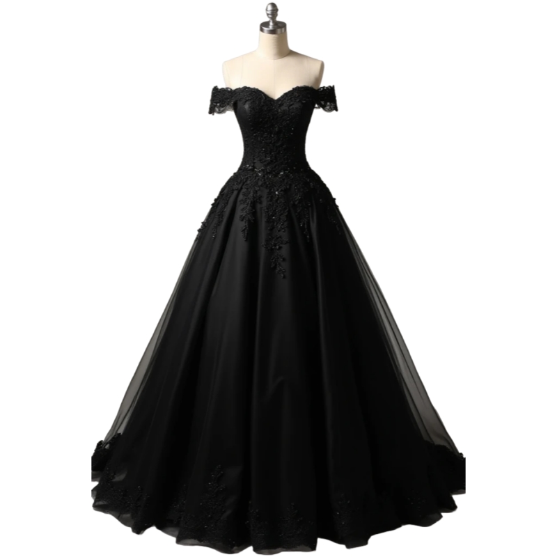 Classic A-Line Black Gothic Wedding Dresses Off The Shoulder Lace Appliques Sweetheart Floor Length Bridal Gowns Back Lace-Up
